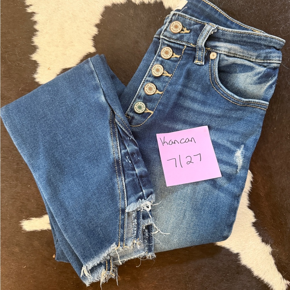 KanCan Distressed Cropped Button-Fly Jeans in Medium Blue